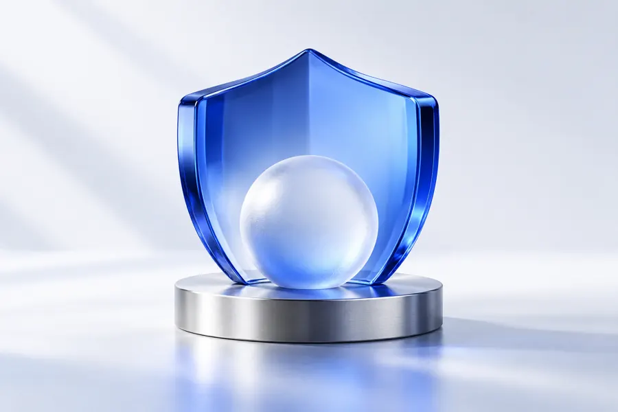 A blue glass shield protecting a frosted sphere