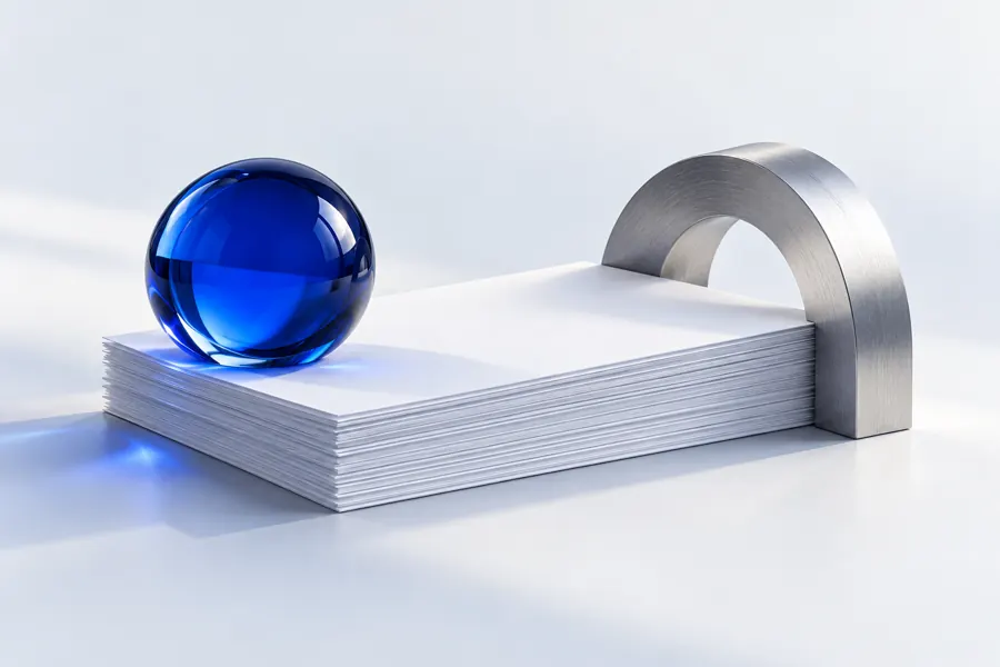A blank document stack with a blue glass paperweight